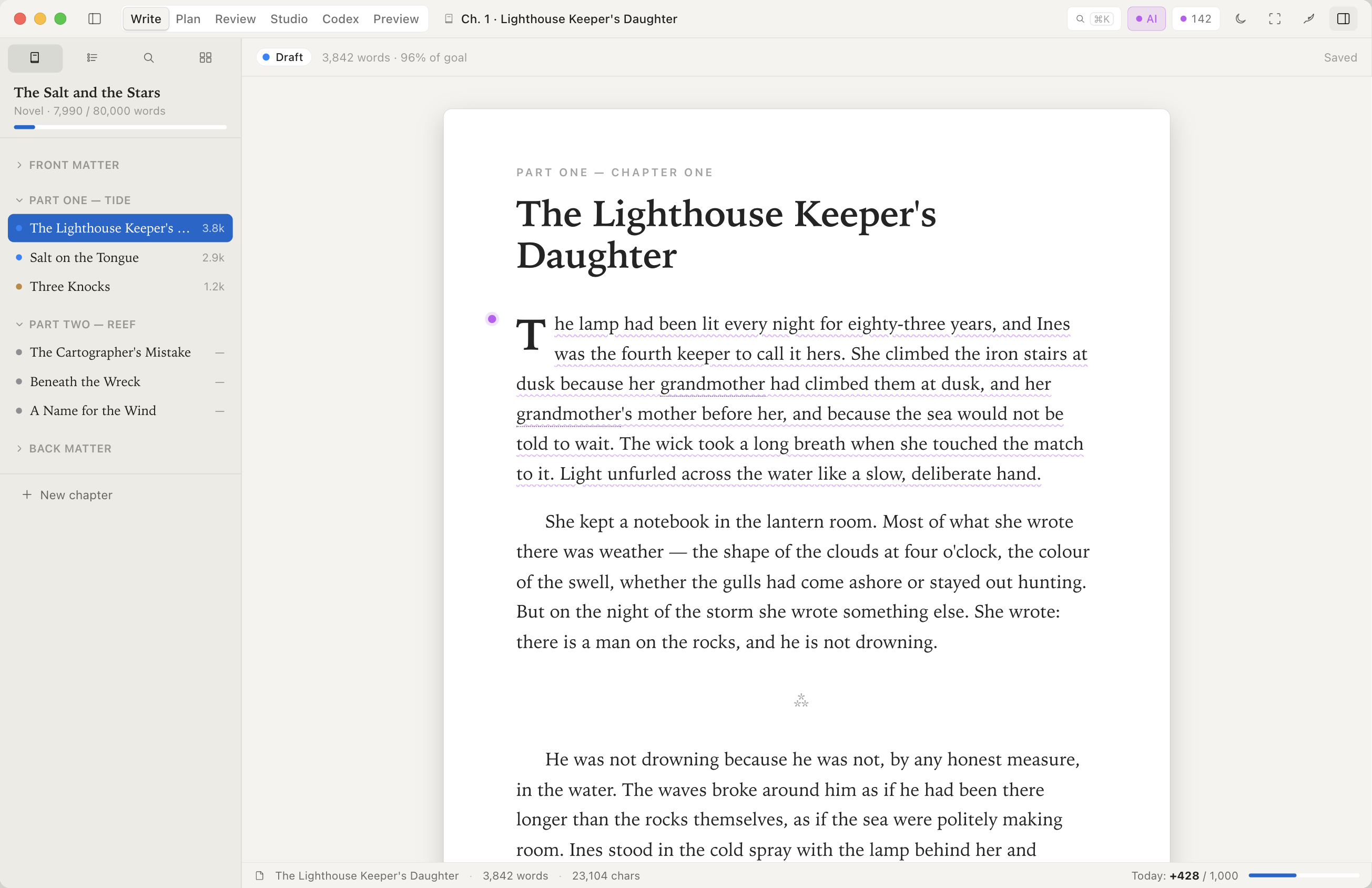 Incipor Write mode — manuscript page with chapter sidebar and inspector showing chapter metadata, word goal, keywords, and linked references.