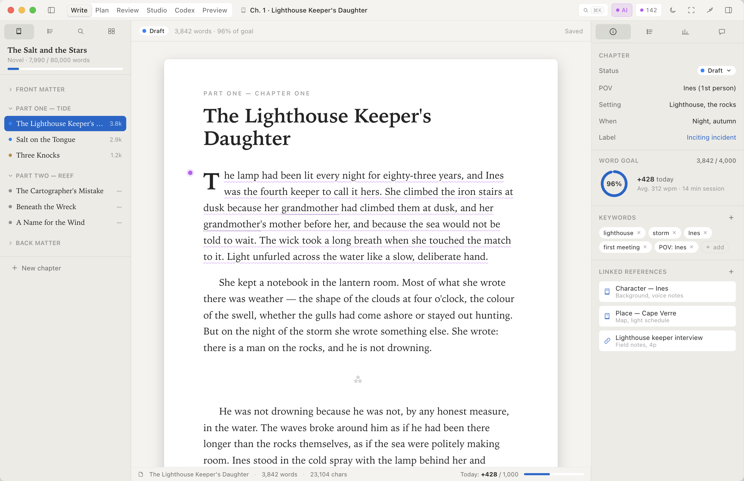 Incipor's Write mode showing a novel chapter on a cream manuscript page with serif typography, sidebar of chapters, and inspector with chapter metadata, word goal, and linked references.