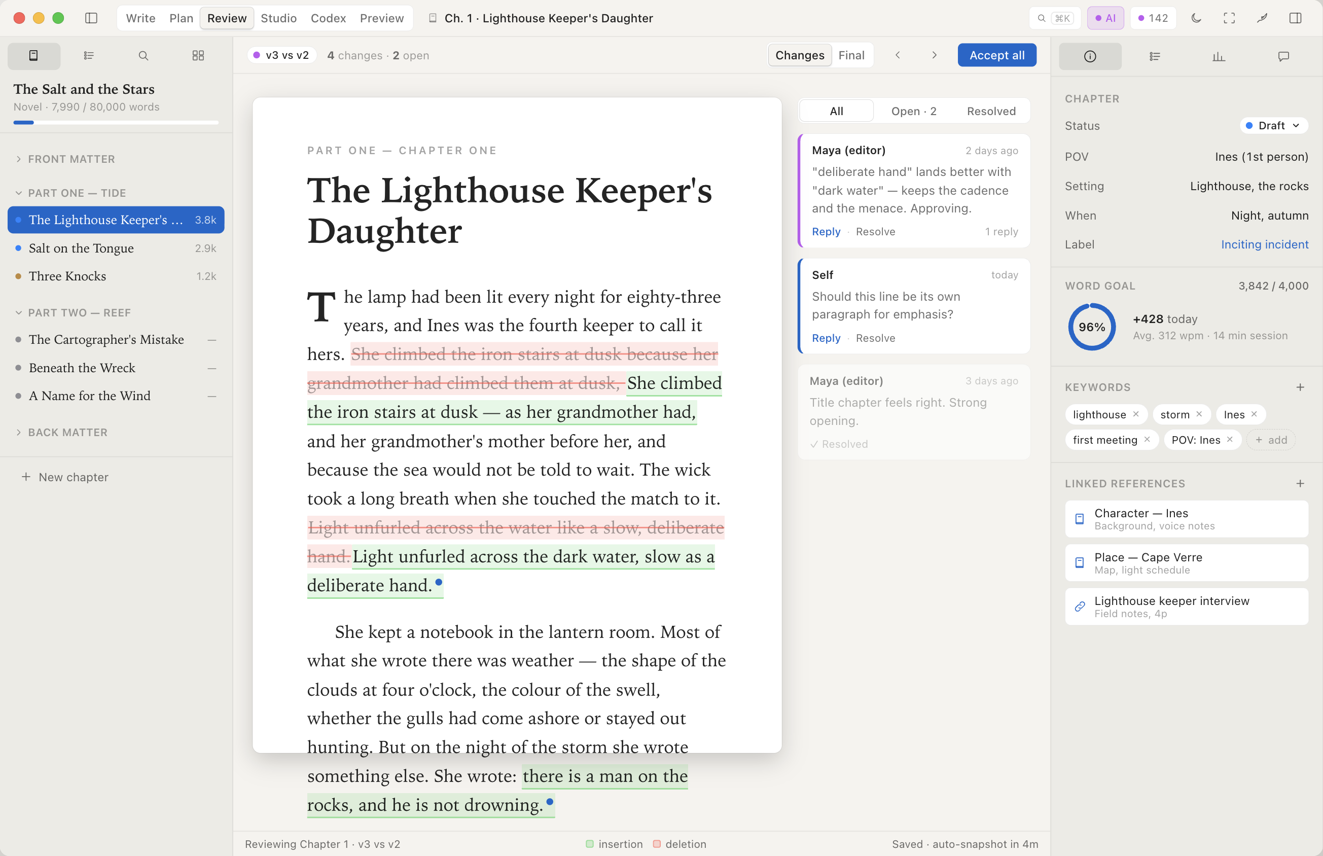 Incipor Review mode — inline diff with strike-through deletions and insertion underlines, with editor comments threaded in the right pane.