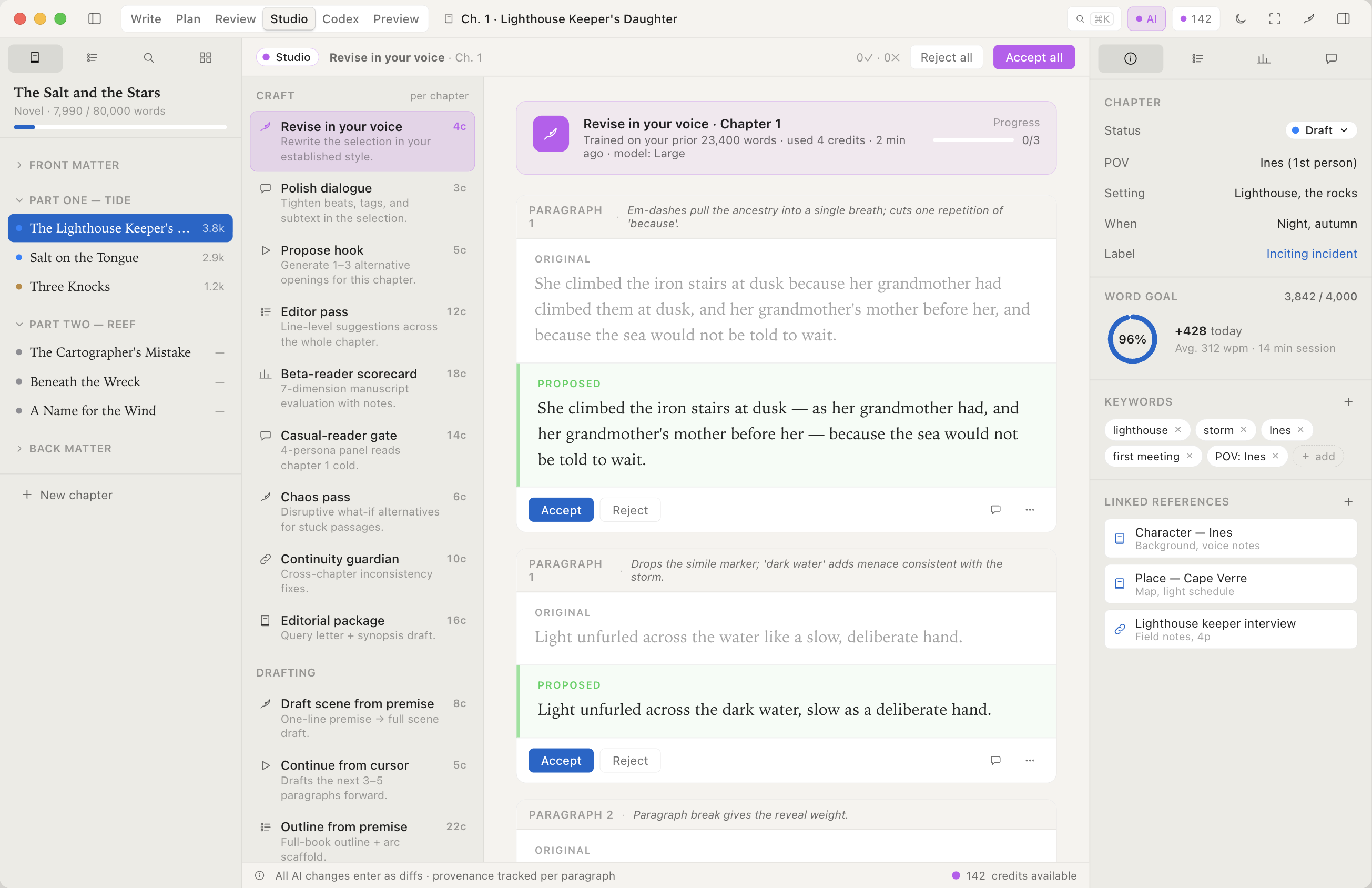 Incipor's Studio mode listing editorial helpers — Revise in your voice, Polish dialogue, Propose hook, Editor pass, Continuity guardian, Editorial package — alongside a side-by-side accept/reject diff of a proposed paragraph revision.