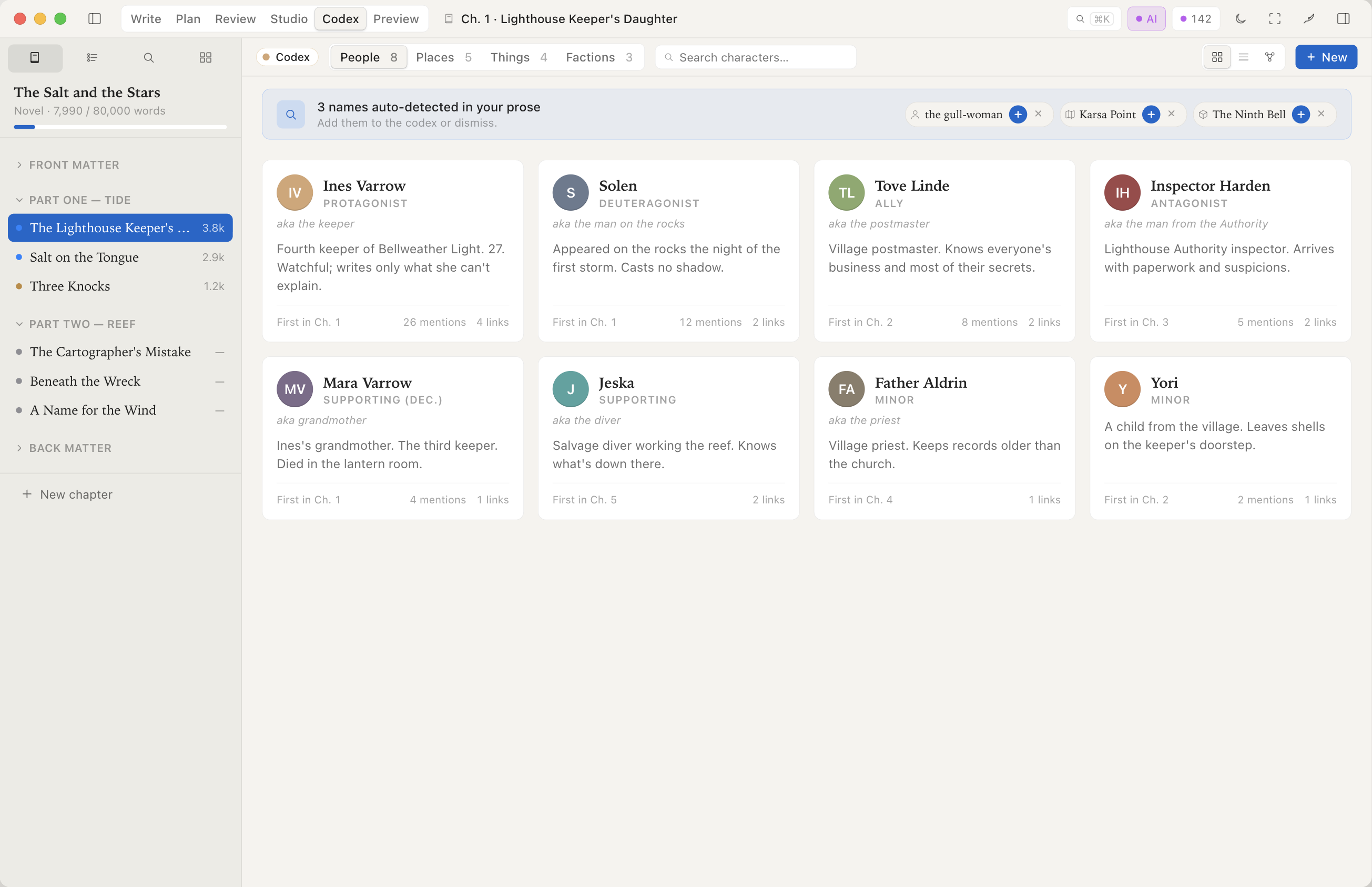Incipor Codex mode — character cards with role tags (Protagonist, Deuteragonist, Antagonist), a detail line, first-mention chapter, mention count, and link count.