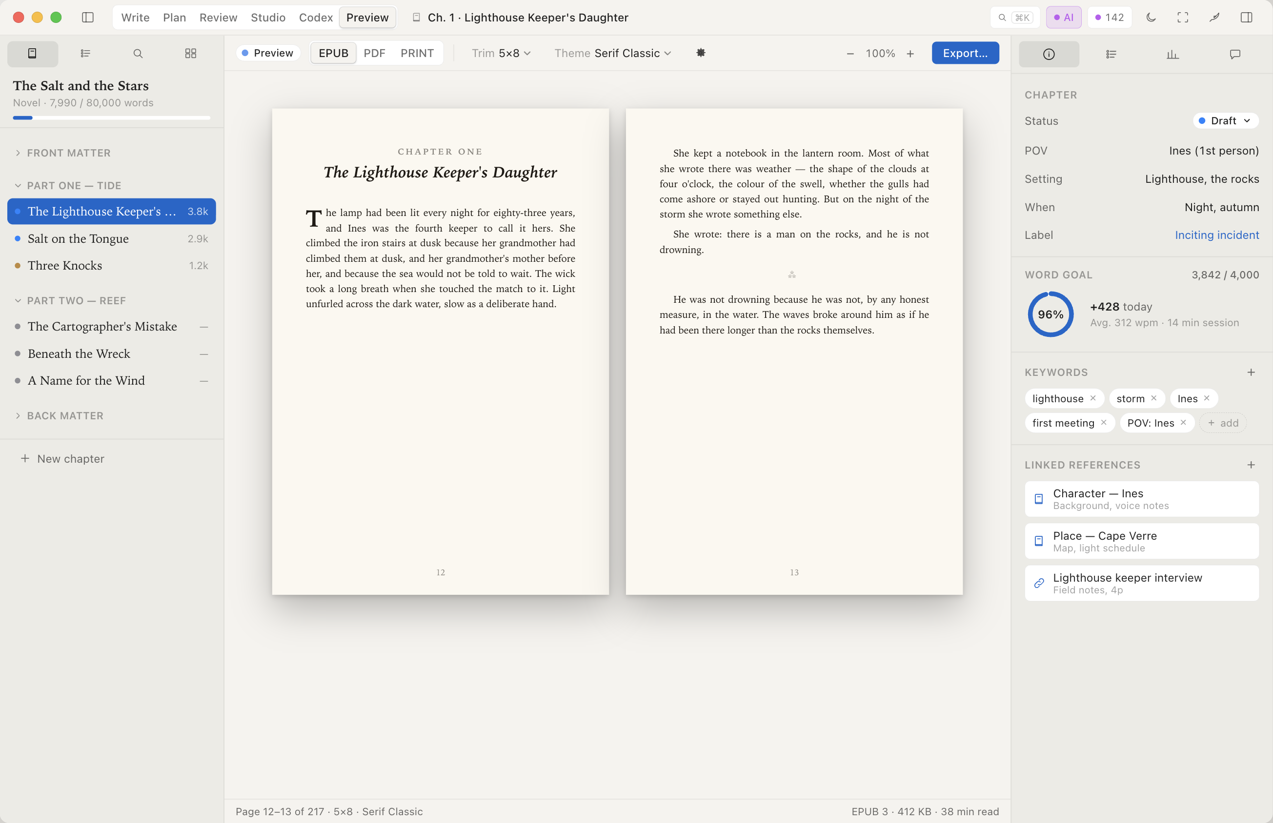Incipor Preview mode — rendered preview of the manuscript with formatted chapter opener, body prose, and pagination.